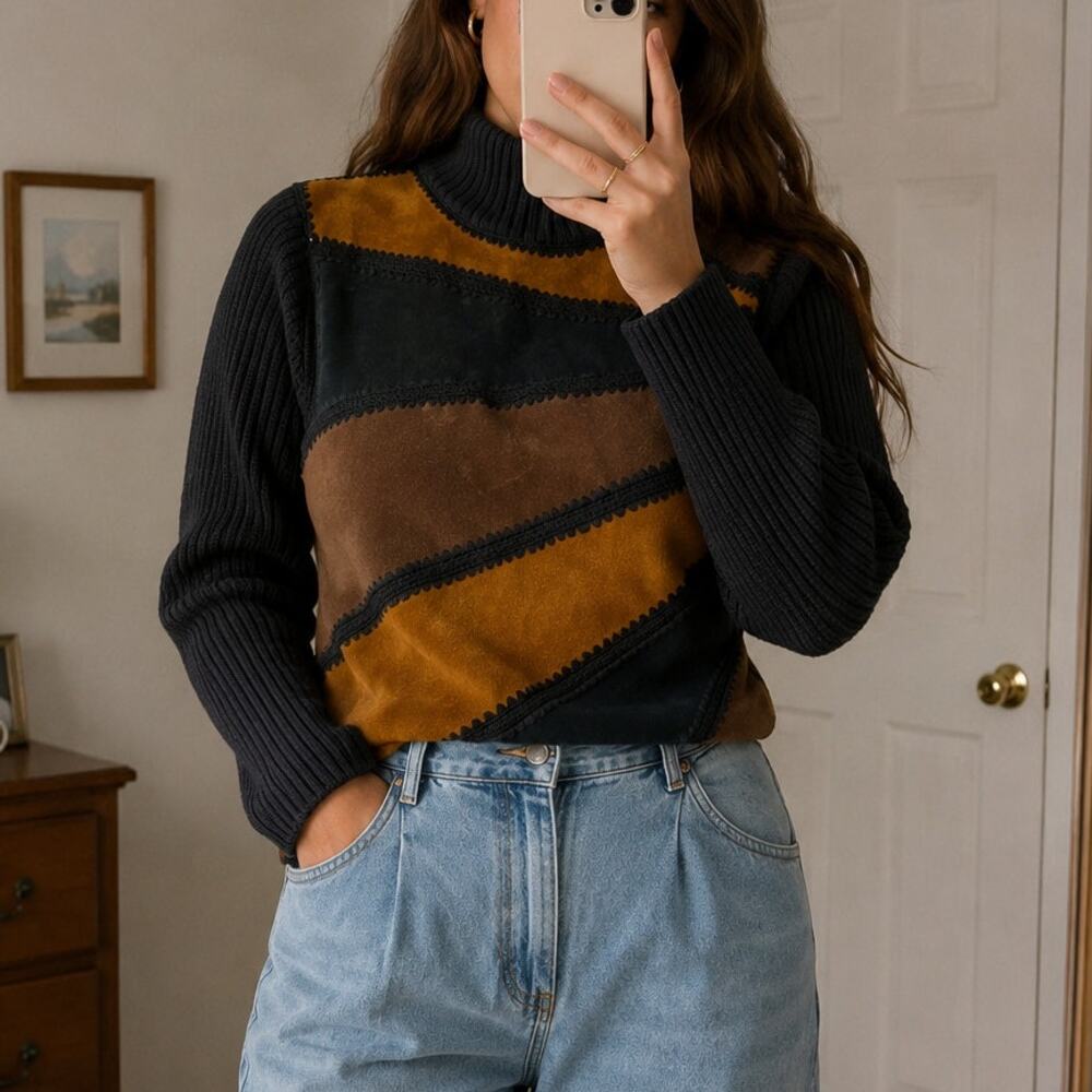 Vintage Lisa International Suede Leather Long Sleeve Sweater Top Size M